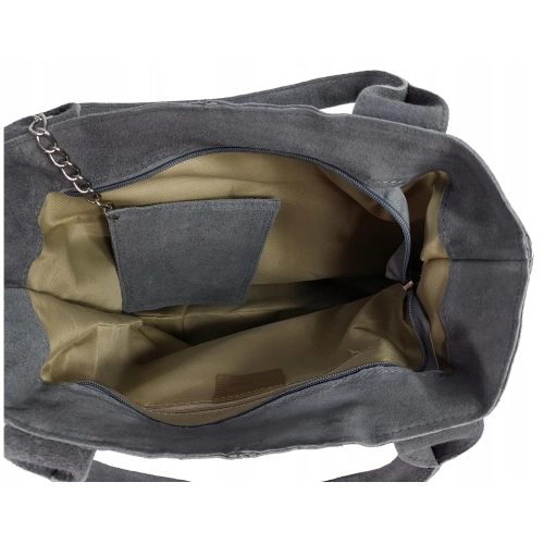 Torebka damska skórzana shopper worek zamsz szara z frędzelkiem